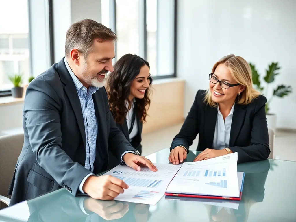 A professional business coach in a modern office setting, reviewing financial reports with a client, both smiling and engaged in a positive discussion about business growth strategies.