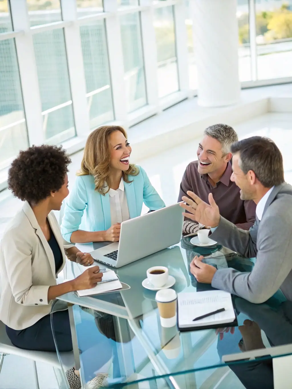 A diverse team of professionals collaborating in a modern office setting, reflecting the collaborative approach of Outrunio's coaching services.