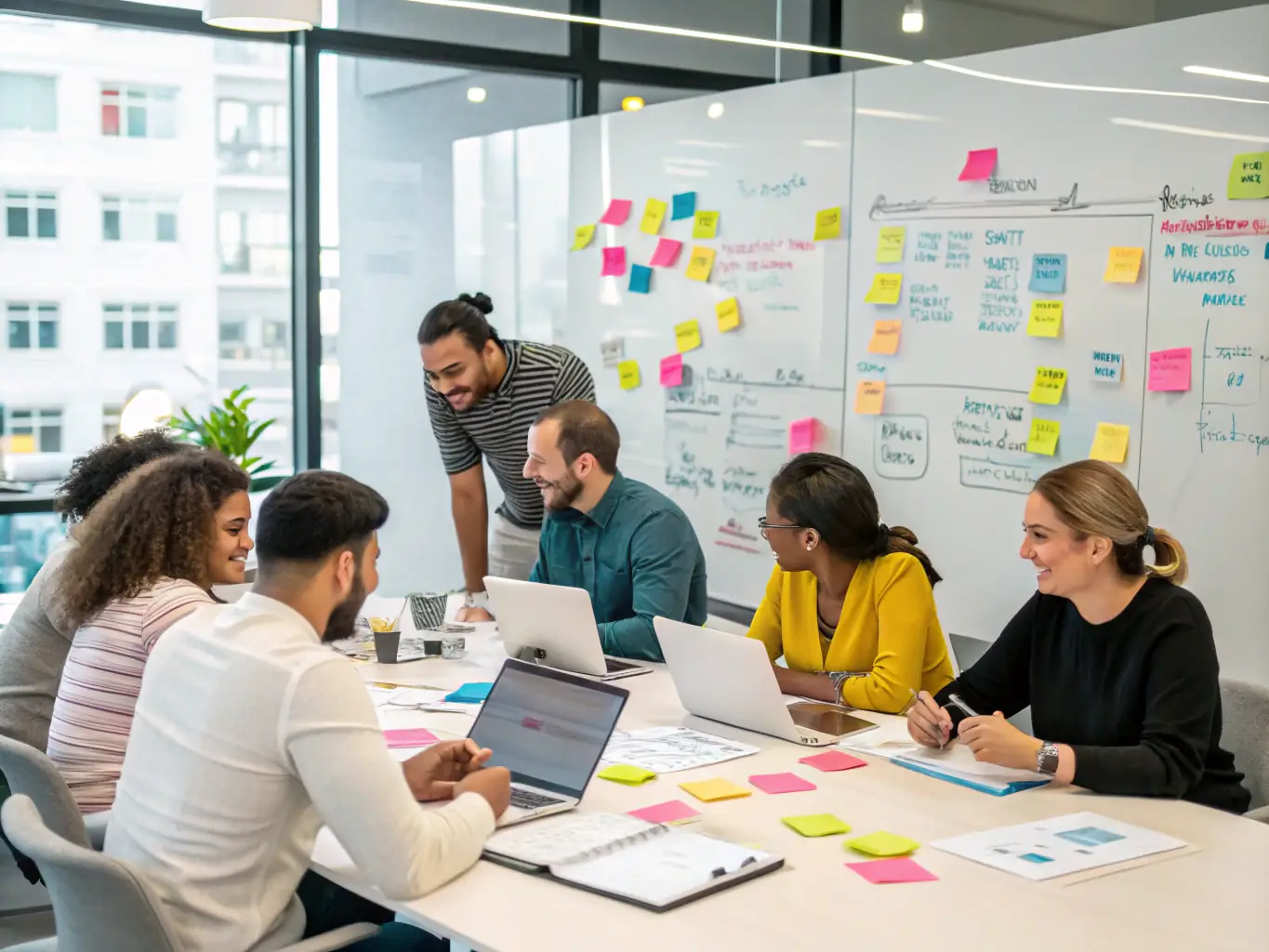 A dynamic coaching session in a co-working space, featuring a diverse group of entrepreneurs brainstorming ideas and collaborating on innovative business solutions.