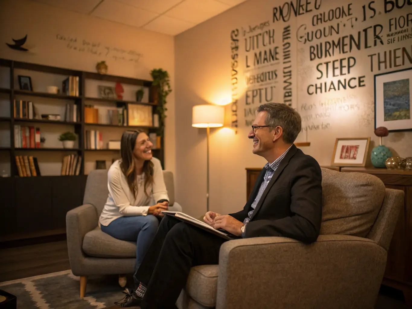 A focused one-on-one coaching session in a relaxed environment, with a coach providing personalized advice and support to a client working on their professional development.